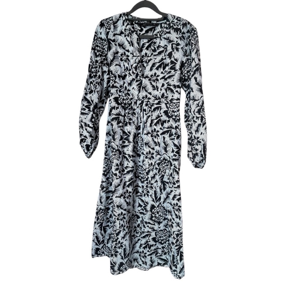 Zara Women’s Floral Blue Pinstripe Tropical Tea Length Maxi Long Sleeve Dress Sm